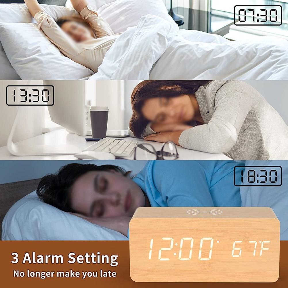 Светодиодный цифровой электронный будильник с беспроводной зарядкой цифровые деревянные часы