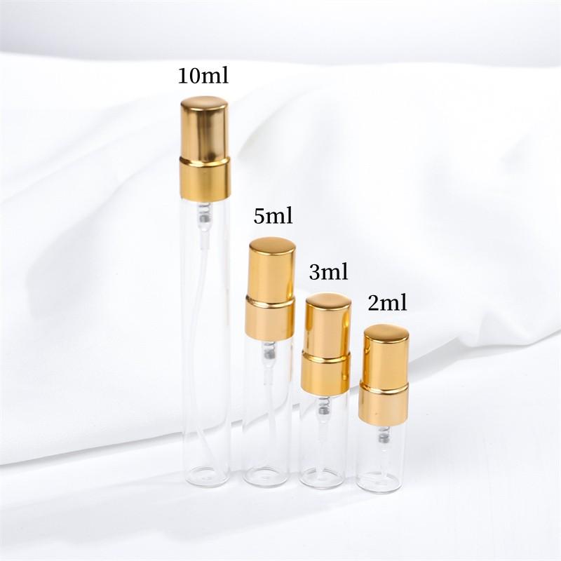 Мини-стеклянные флаконы-распылители для парфюмерии 2мл 3мл 5мл 10мл с золотой распылительной головкой, пустые косметические флаконы, многоразовые атомайзеры, пробники