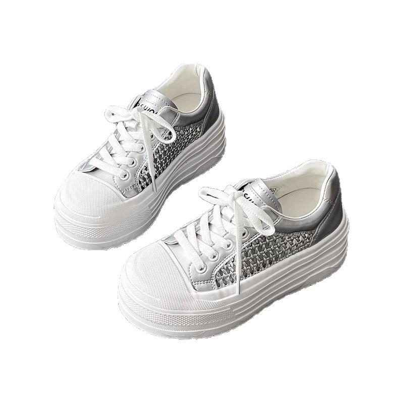 Lightweight Little White Shoes Women's 2025 Summer New Hollow Woven Breathable Board Shoes Short Le Thick Sole Inner Height Increase Women's Shoes