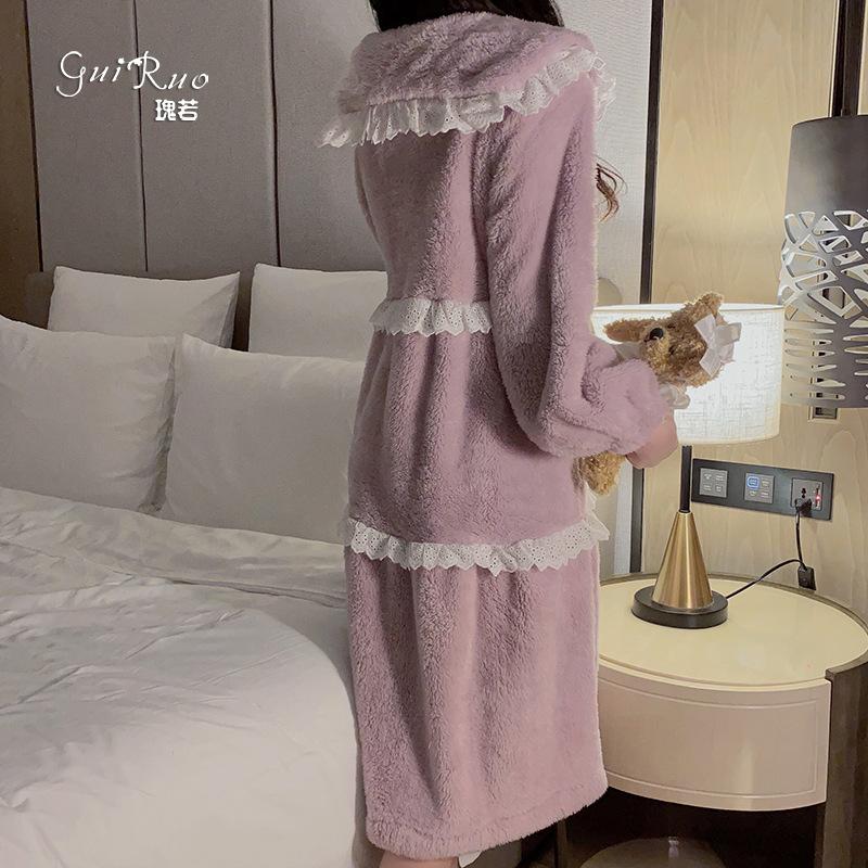 Women's Warm Flannel Peter Pan Collar Lace Soft Sleep Dress Set for Fall Winter
