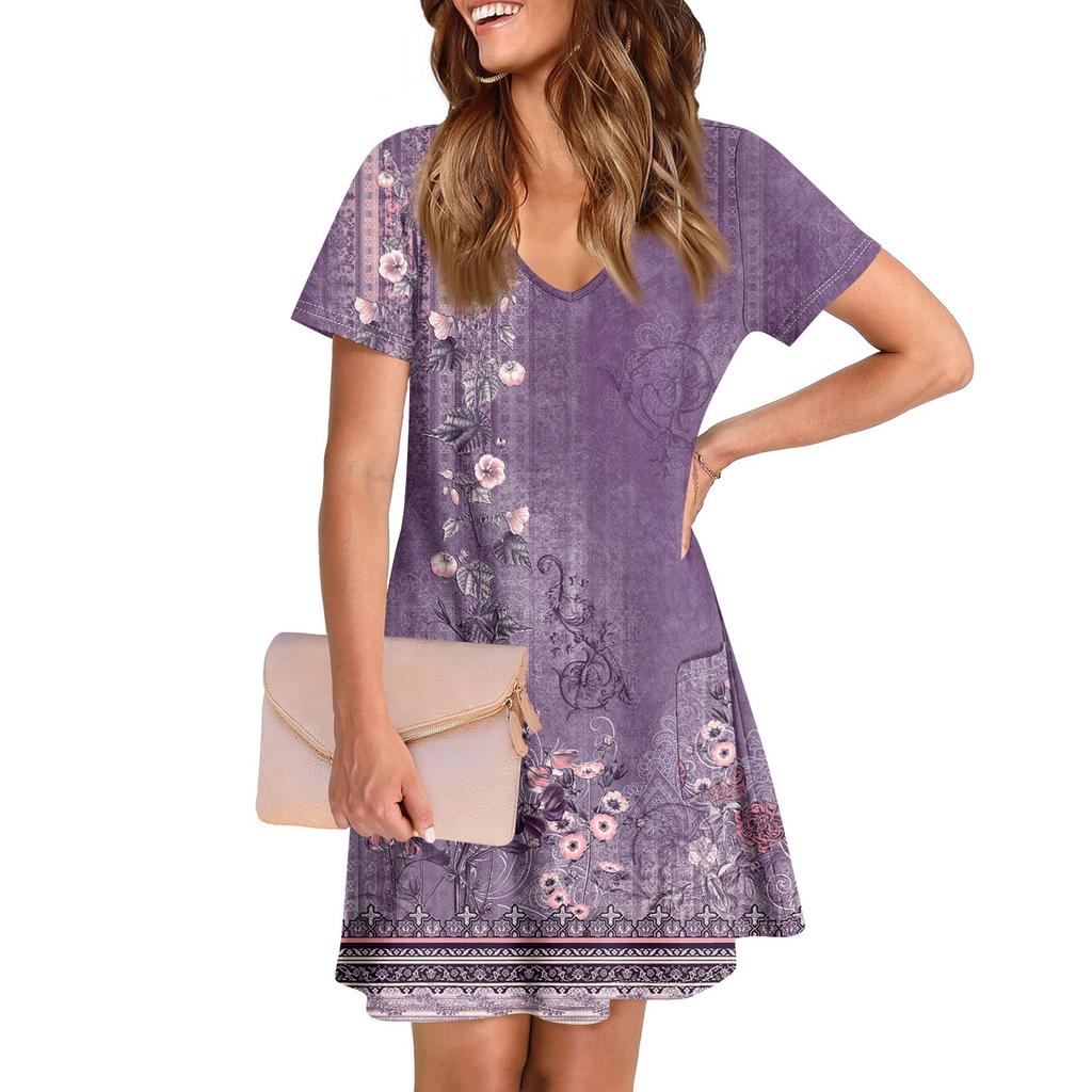 Ladies' Casual And Fashionable V-neck Short Sleeve Printing Mid Length Dress