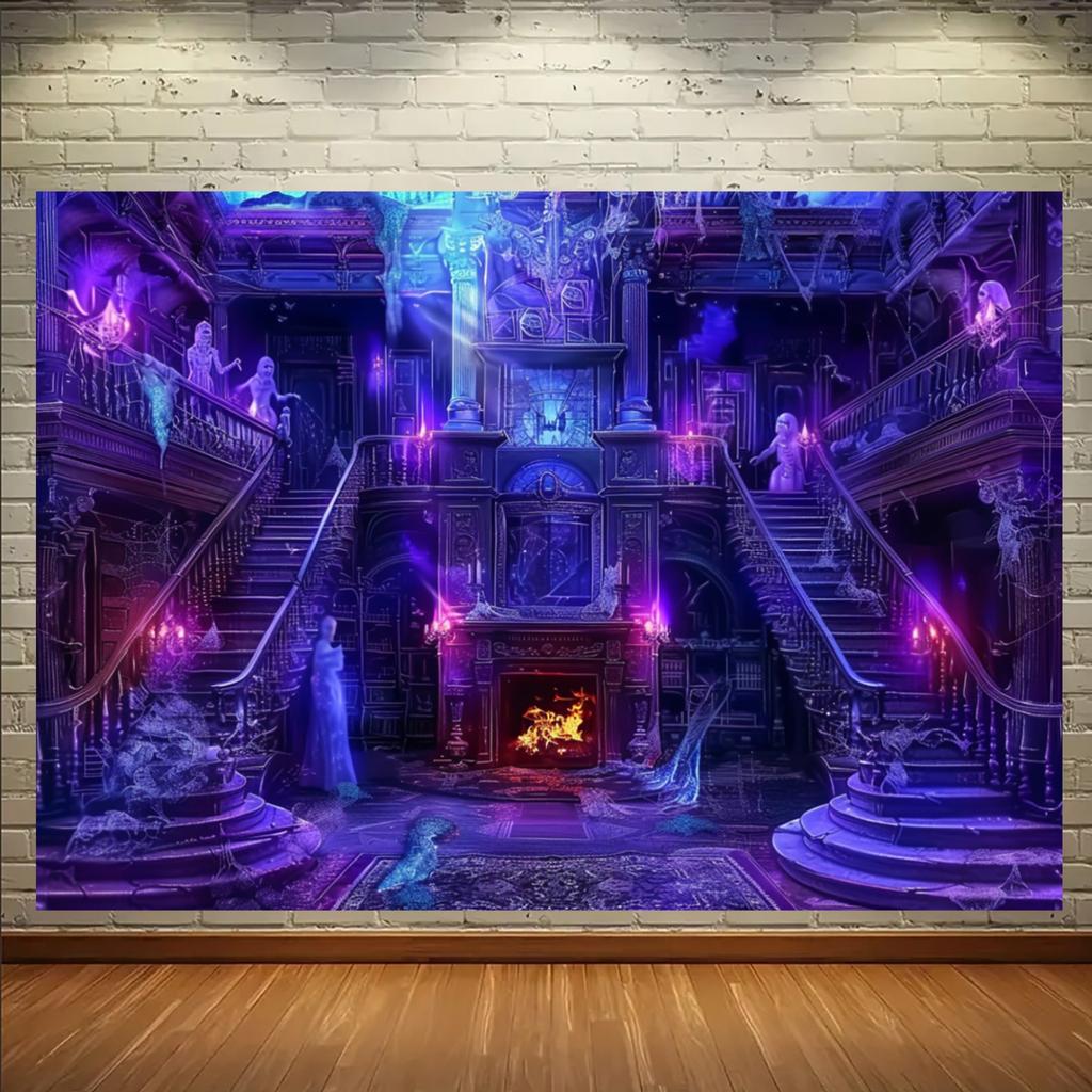 1 piece pack - Ghostly Purple Halloween Ghost House Tapestry - Horror Gothic Mansion Scene.PMJ