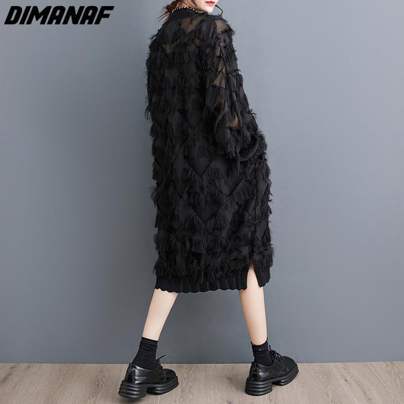 Dimanaf Plus Size Women 2023 New Summer Style Dress Long Sleeve O-Neck Floral Loose Dress Basic Black New