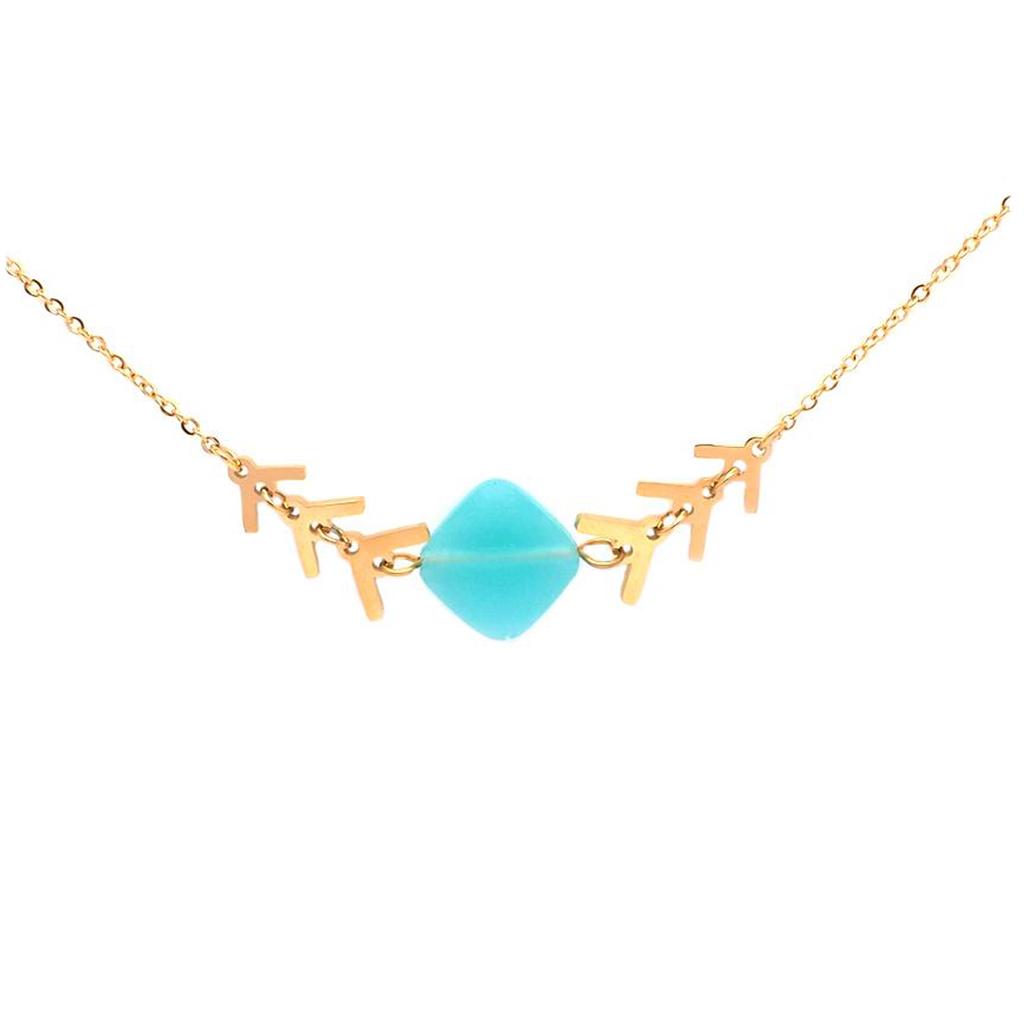 Les Trésors De Lily [Q0936] - Designer Steel Necklace 'Boho' Turquoise Gold - Lozange 12x12 Mm