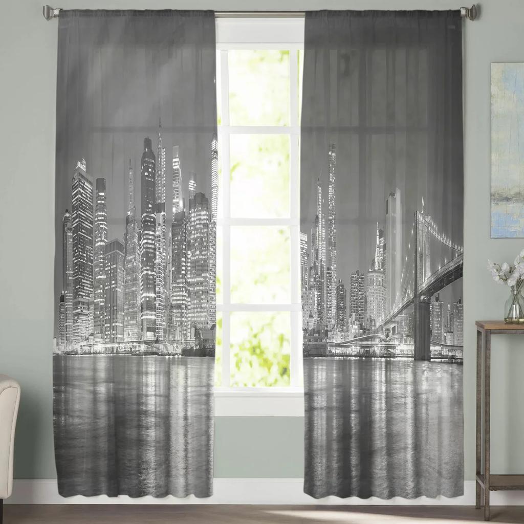 City Night Lights Sheer Curtains Living Room Window Tulle Curtains For Bedroom Kitchen Home Decoration Voile Drapes