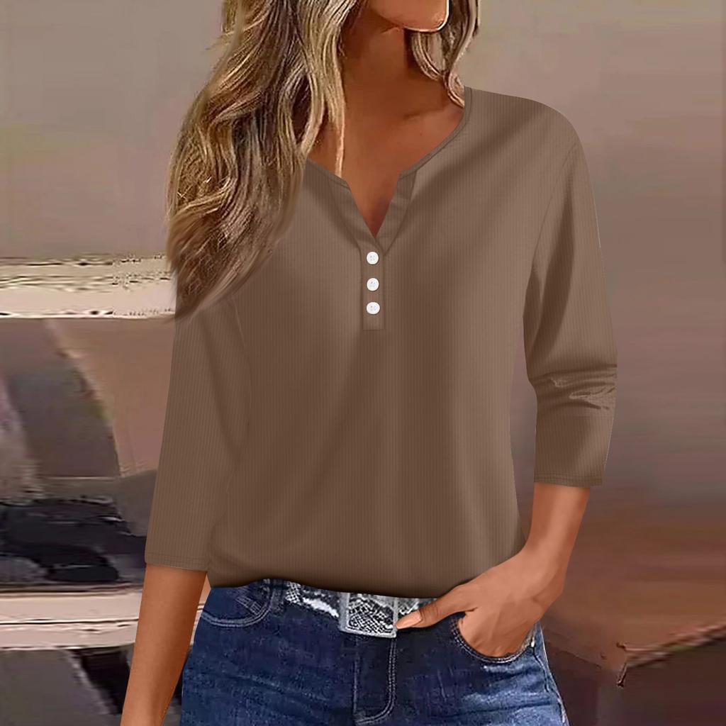 Women's T Shirt Tee Print Button 3/4 Sleeve Tunic Daily Weekend Fashion Basic V- Neck Regular Top