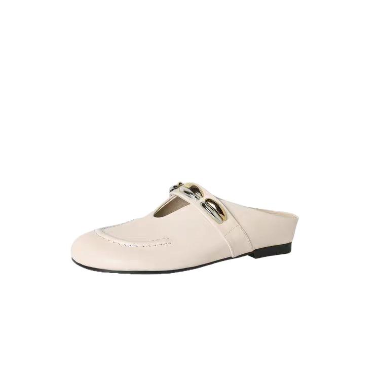 Huge comfortable French leather bag head half slippers women's summer wear 2025 new flat bottom inner height increase sandals women's shoes