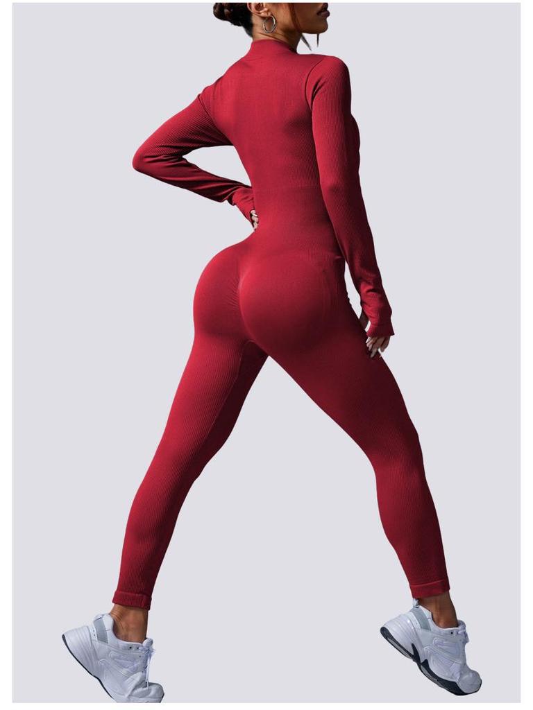 European-Style One-Piece Sport Jumpsuit for Women with Zipper, Stand Collar, Long Sleeves, Thumb Holes, Hip Lifting, and Tummy Control
