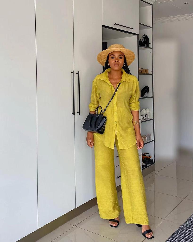 Y6020 Women's European & American Casual Two-Piece Set: Long-Sleeved Shirt & Straight Pants for Spring & Autumn 2024