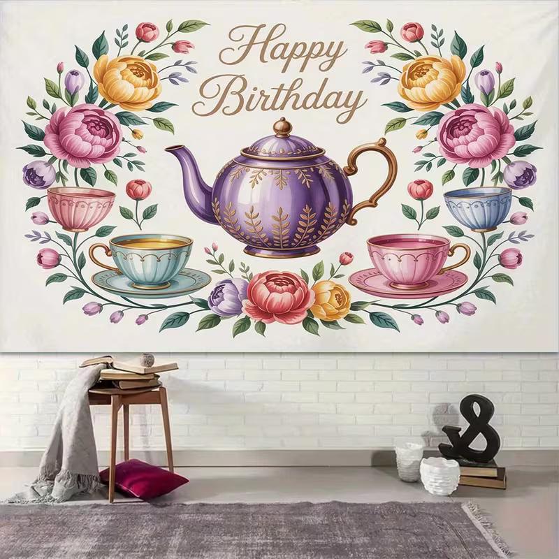 2D Tea Party Birthday Backdrop Floral Teapot Photography Background
