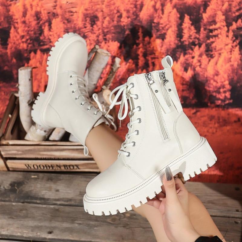 Модные женские ботинки Толстые теплые длинные плюшевые ботильоны Женские зимние ботинки на шнуровке Кожаные мотоциклетные ботинки Большого размера Удобная обувь Женская
