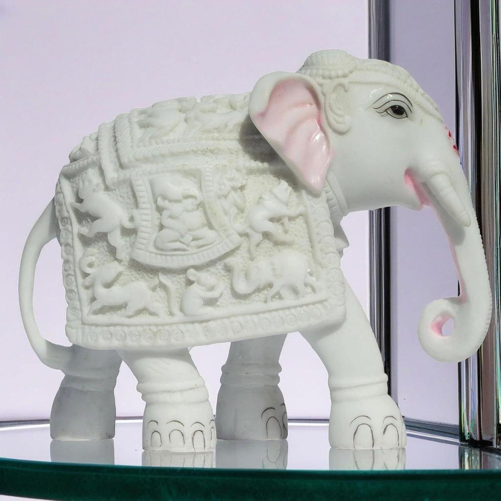 White Elephant Statue Trunk Down Hathi Figurine Big Size 7 Inch Elephant Marble Resin Decorative Showpiece