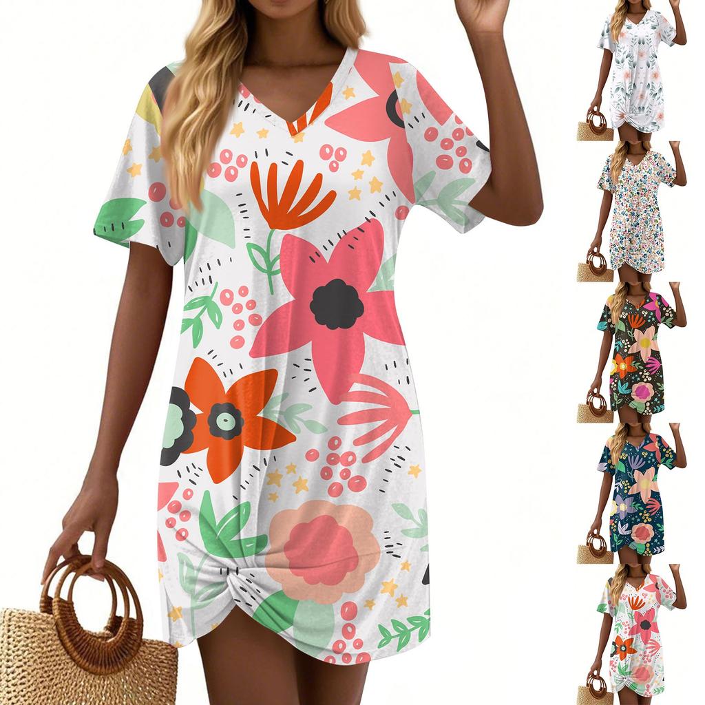 Women's Summer Casual Floral Printed Hem Knotted Short Sleeve Dresses