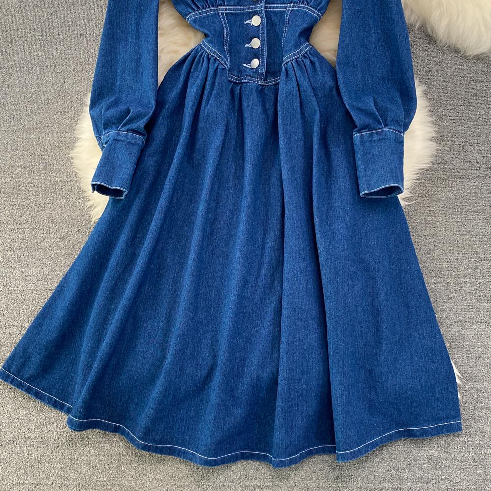 RUGOD Весеннее и осеннее джинсовое платье трапециевидной формы с воротником на талии и талией. Элегантное длинное платье.