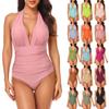 Women's Solid Color One-piece Swimsuit With Pleated Hanging Neck