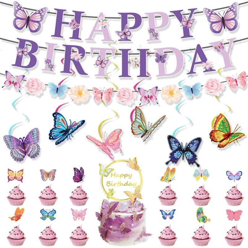 Butterfly Cake Toppers Set Party Supplies Hanging Swirls Colorful Banners Paper Texture for Creative Butterfly Dessert