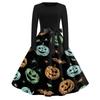 Women's Casual Long Sleeve Round Neck Dress Vintage Style Halloween Print Skater Dress with Waist Tie Belt Retro Swing Midi Dress