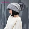 Winter Mink Fur Knitted Wool Hat for Women Fox Fur Pompom Slouchy Beanie Fashion Warm Style Cap Baggy Crochet Hat