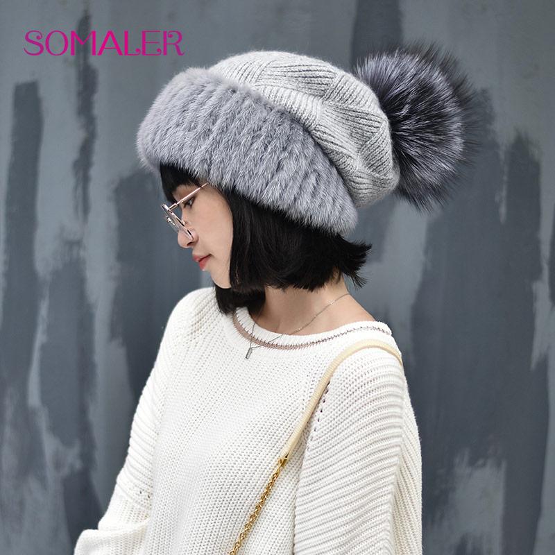 Winter Mink Fur Knitted Wool Hat for Women Fox Fur Pompom Slouchy Beanie Fashion Warm Style Cap Baggy Crochet Hat