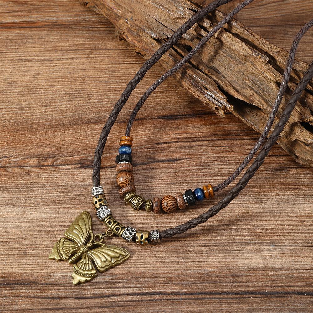 Butterfly-shaped Wooden Beaded Double-layer Necklace, Women's Retro-style Woven Rope Collarbone Chain