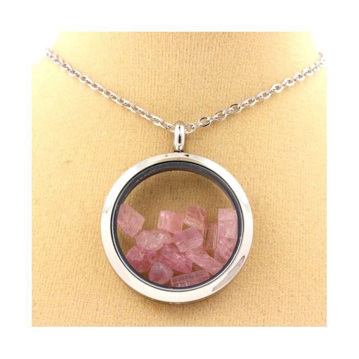 Pierres et Minéraux. Collier Tourmaline rose brut. Modèle Médaillon 25 mm. Couleur Argent.
