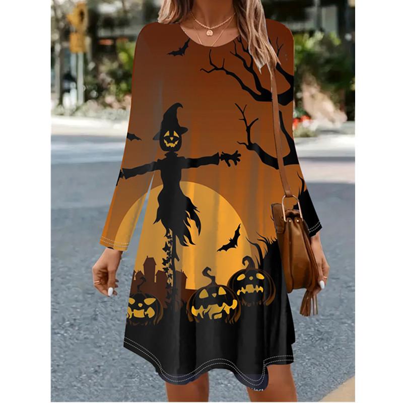 Women's Halloween Party Dress 3D Horror Halloween Pumpkin Bat Witch Printed Dress Long Sleeve O-Neck Casual Loose Dress