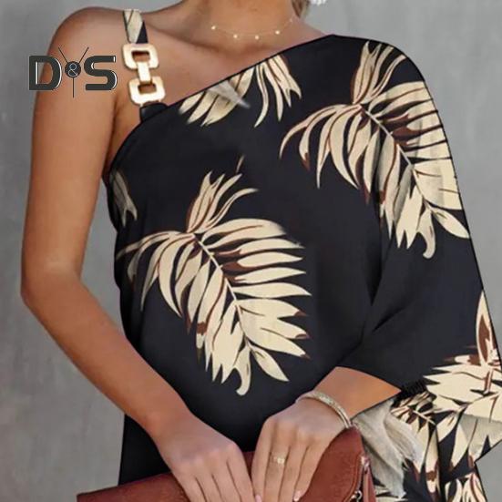 Летнее женское платье с одним рукавом «летучая мышь» с открытыми плечами, нерегулярный принт, наклонный вырез, свободная цепочка, декор, пляжное мини-платье для отпуска