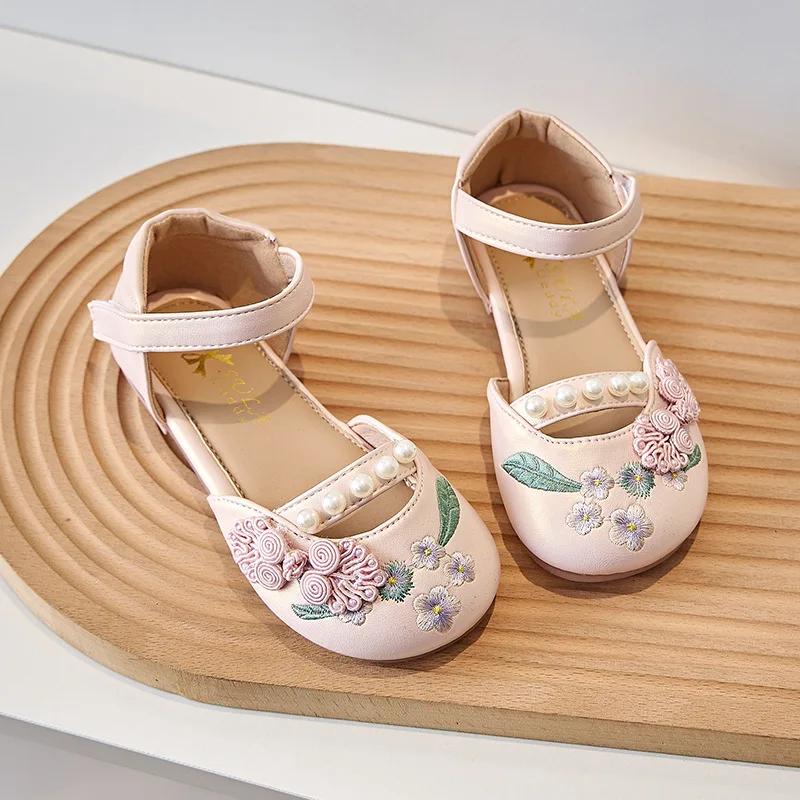 Детские туфли ханьфу с цветами 2024 года, летние туфли для девочек в китайском стиле из кожи для вечеринки, свадьбы, классические вышитые туфли принцессы