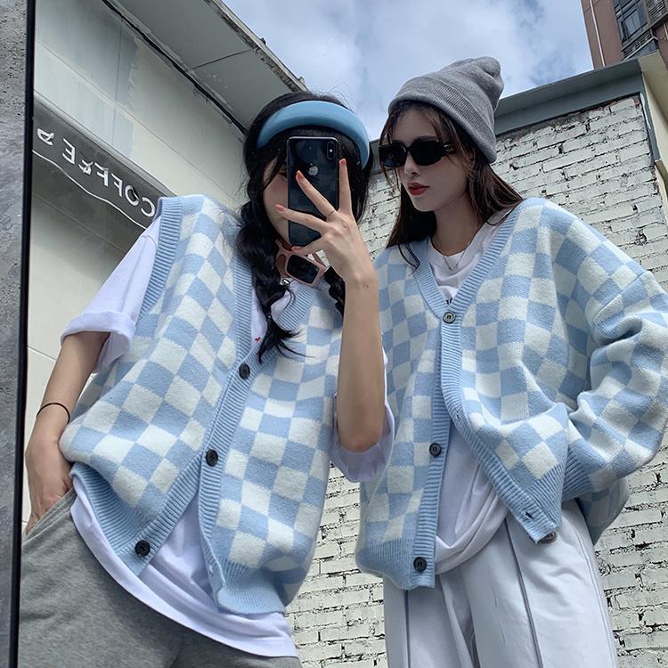 Корейский стиль, клетчатый кардиган большого размера, свитер, женский винтажный вязаный жакет в клетку, модный джемпер с длинными рукавами, женский