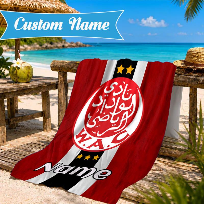 Custom Name Beach Towel Wydad Football Club Crest Microfiber Beach Towel, Lightweight for Summer Travel, Swimming Pool Fan Birthday Gift