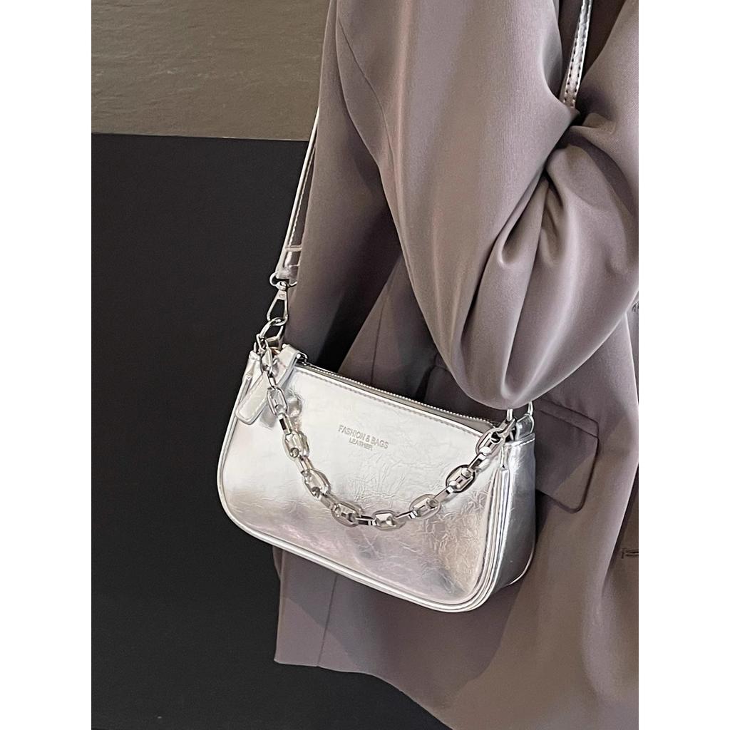 Customer Order High-end Pearlescent Silver Small Bag Women's 2025 New Versatile Shoulder Mahjong Bag Underarm Bag Messenger Bag