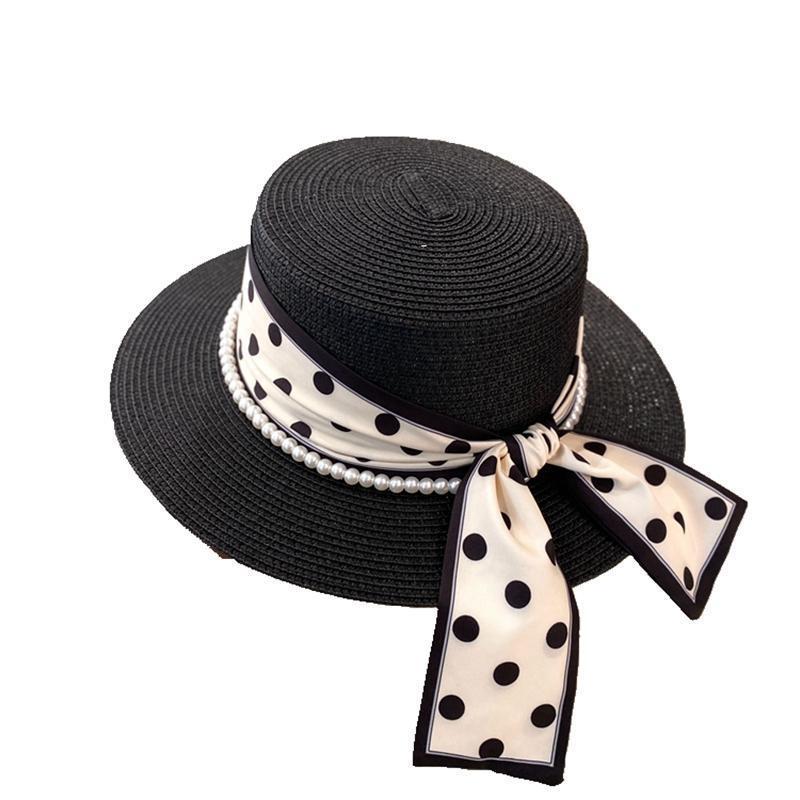 Simple polka dot straw hat women's summer sunshade sunscreen vacation beach hat French flat top white top hat
