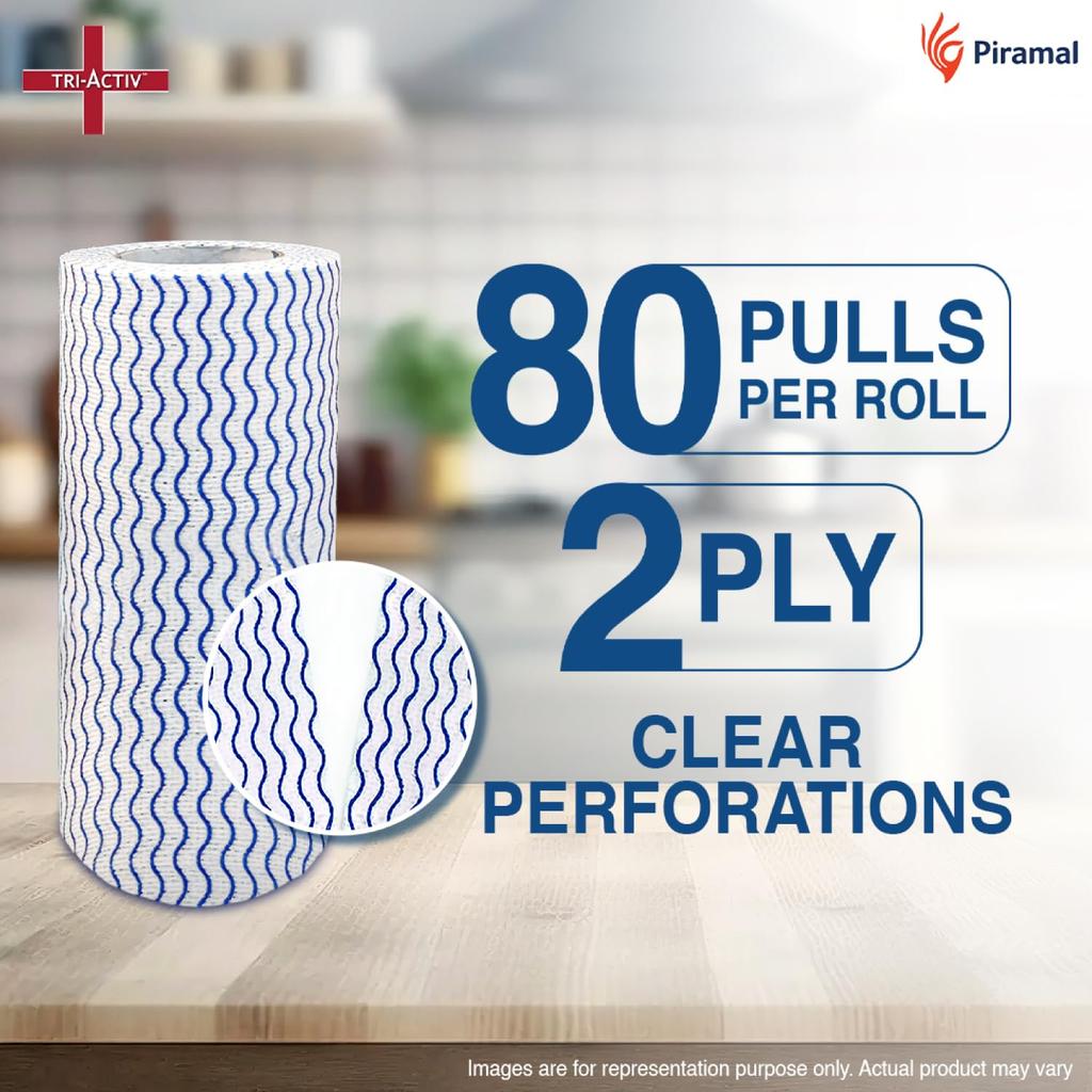 Tri-Activ Washable Reusable Kitchen Towel Roll Pack Of 2 With 80 Sheets Highly Absorbent Durable Non Woven Fabric Eco Friendly Alternative Blue