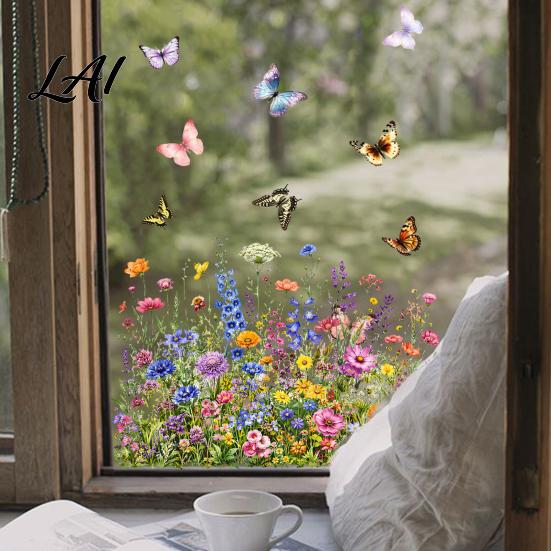 Reusable Window Decoration Flowers And Butterflies Static Glass Sticker Floral Clings Decorative Sticker for Home No Glue Film Store Decoration,
