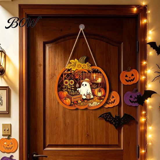 Cool Patterned Ornaments Halloween Door Sign, Glowing Ghost Hanging Decor, Wooden LED Window Festive Theme Ornament for Party, Spooky Wall Pendant