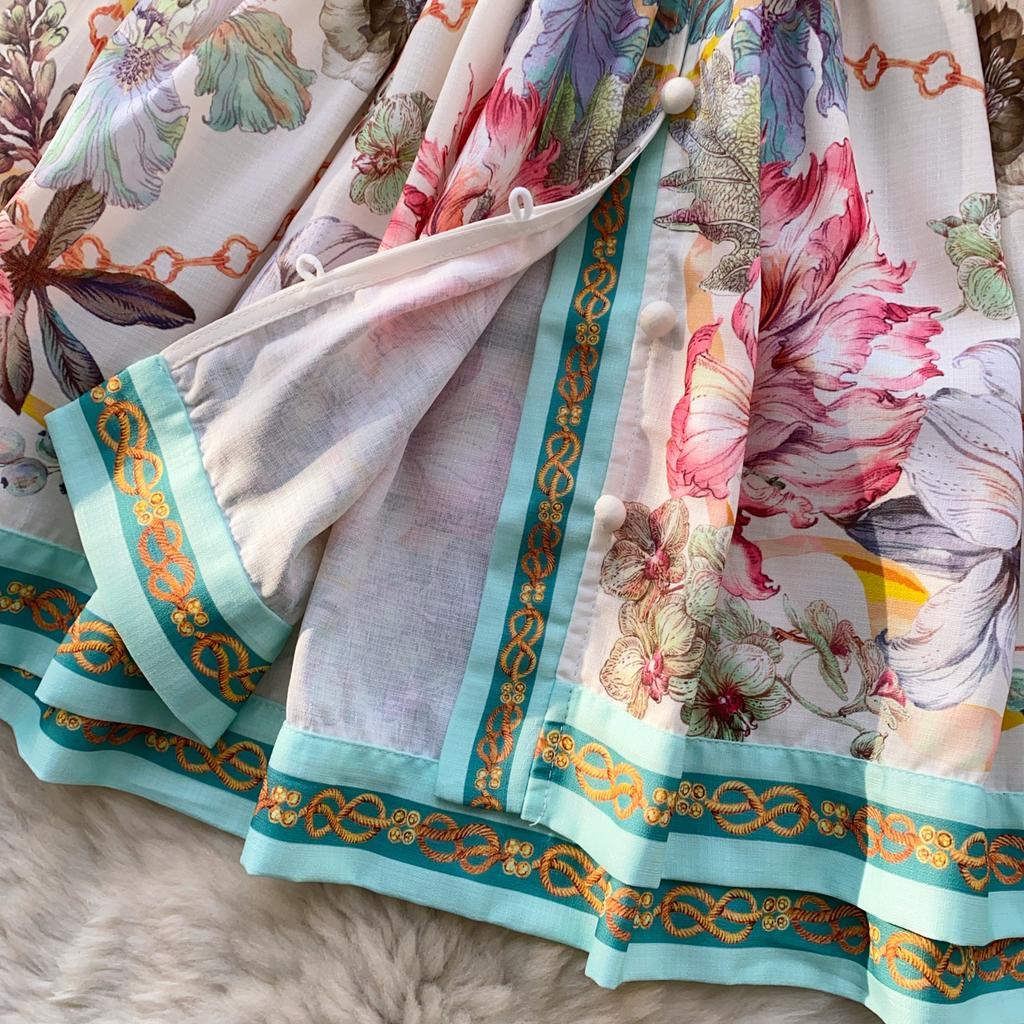 Spring Summer Women Vintage Designer Print Runway Dress V-neck Single Breasted Mini Short Party Dresses with Belt