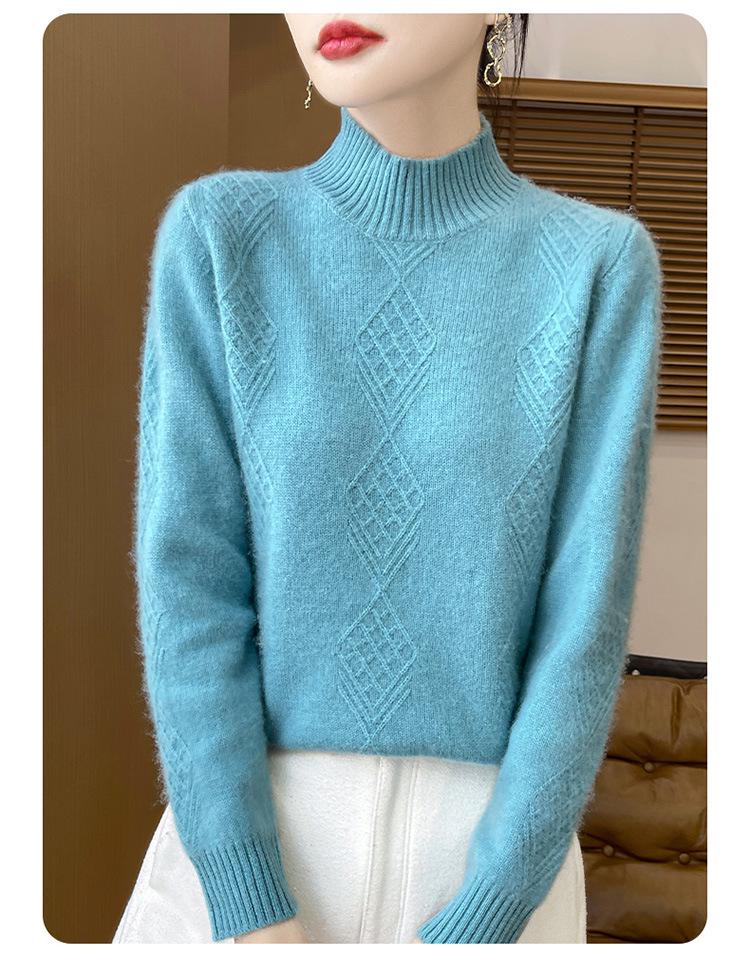 Ladies' Diamond Pattern High Neck Wool Knit Sweater - Thickened for Autumn/Winter