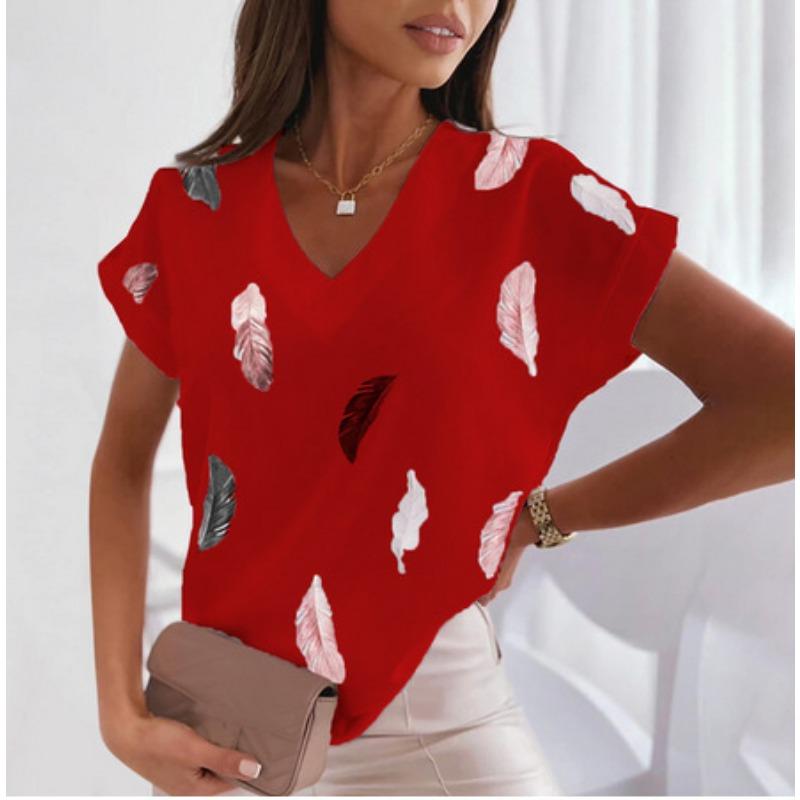 Feather 3D Printed T-shirts V-neck Short Sleeved Women's T-shirts