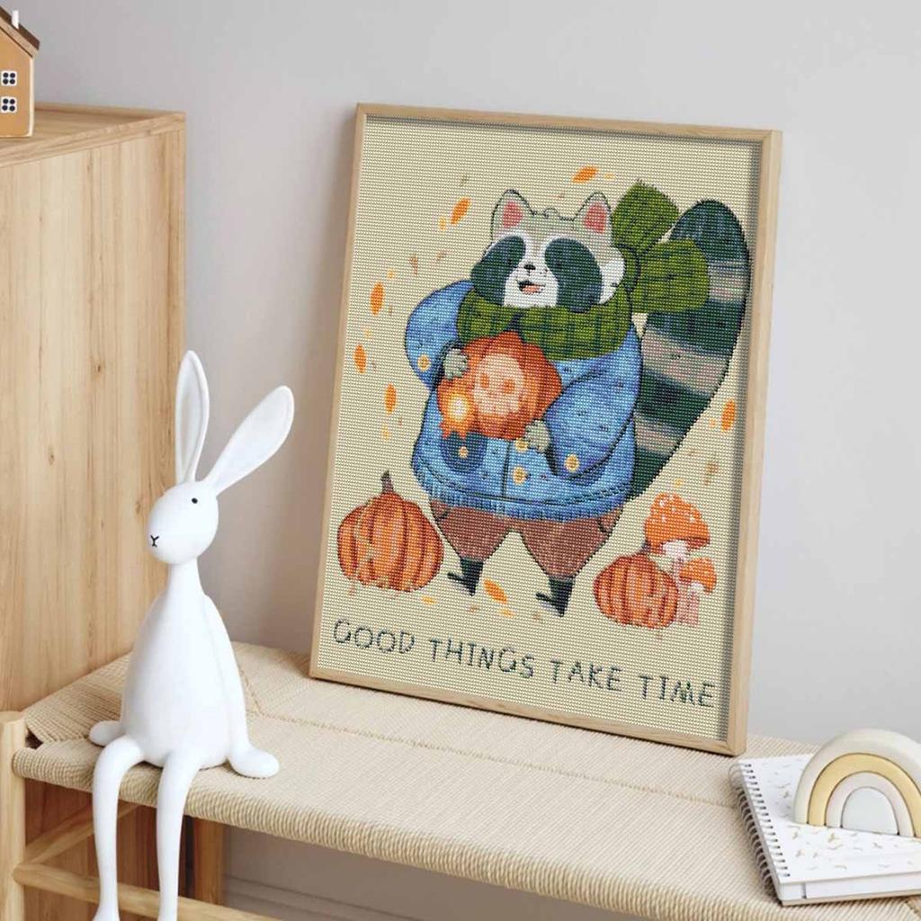 5D Full Round Drill Diamond Painting Kit Autumn Raccoon with Pumpkin Wall Art Decor
