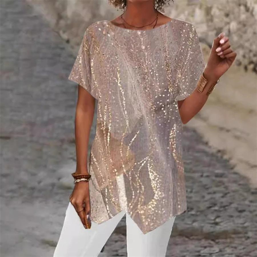 Women's Geometric Print Round Neck Loose Irregular Hem Short Sleeve T-Shirt