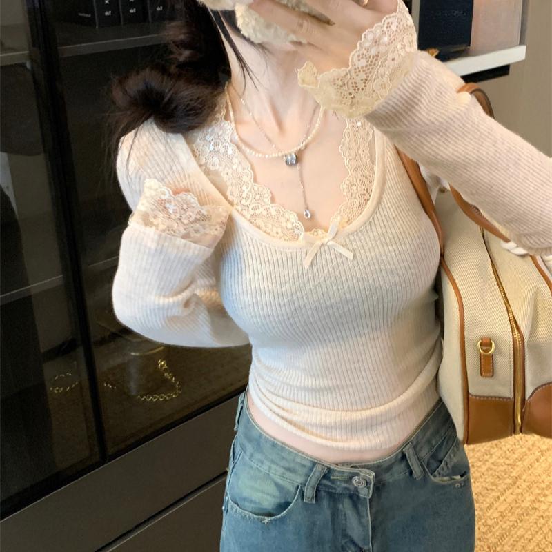 Повседневный вязаный свитер с кружевом и V-образным вырезом для женщин, осень и зима, новые облегающие вязаные свитера, женские топы, элегантные однотонные винтажные женские джемперы 25865