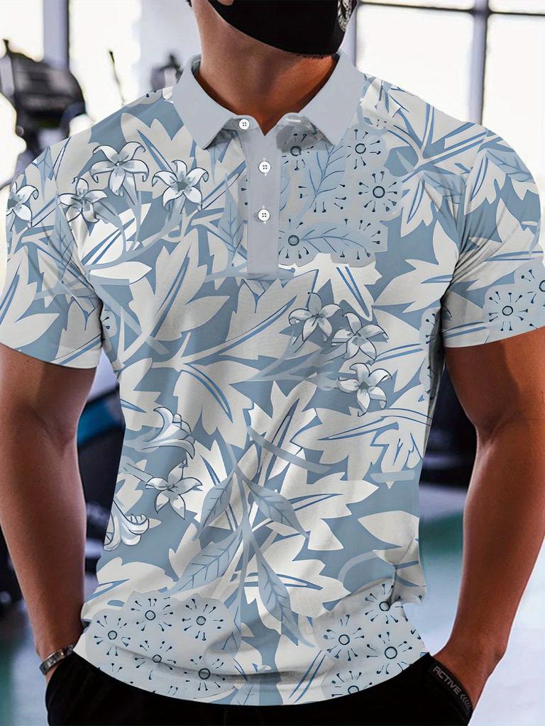 Golf Stick Figure Print Short Sleeve Polo Shirt, Casual Stylish Men's Top