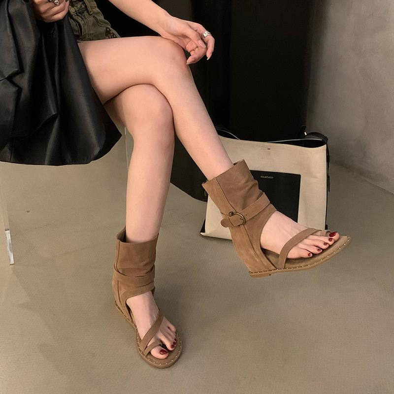 Женские ковбойские сапоги в римском стиле, модные, с застежкой-молнией сзади, до середины голени, с внутренним подъемом, женские туфли