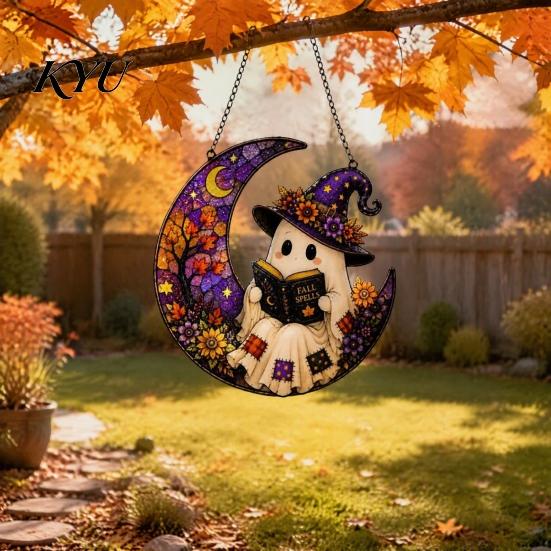 Fun Patio Accessories 2D Ghost Moon Pumpkin Acrylic Suncatcher, Halloween Window Farmhouse Exterior Ornament Hanging Ornament, Autumn Thanksgiving