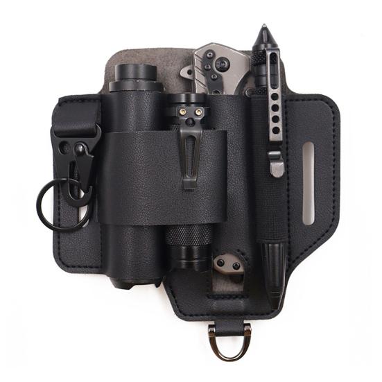 Multitool Belt Sheath Faux Leather EDC Belt Organizer 3 Pockets Belt Pouch with Flashlight Holder Pen Holder Keychain Clip for Men
