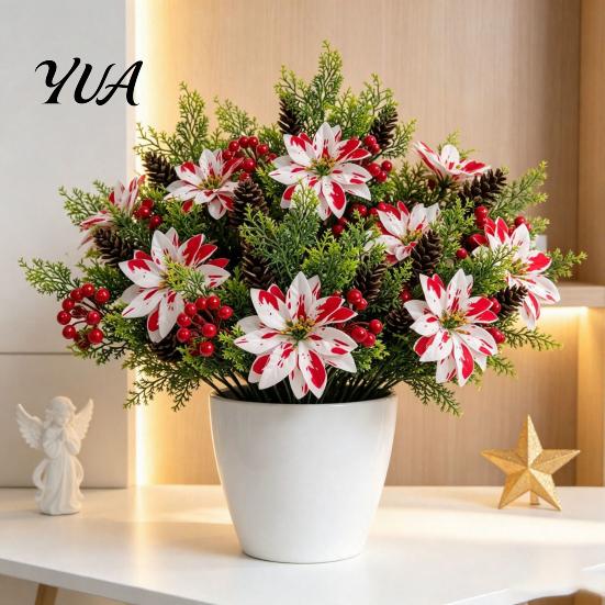 Vibrant Floral Home Decor 5 Heads Artificial Poinsettia Flowers, Christmas Fake Pine Berry Decoration, Holiday Party Fade-Resistant Red And
