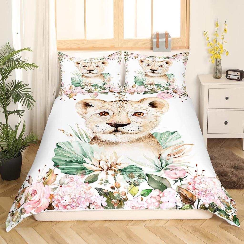 Lion Rose Duvet Cover Sets King Size Animal Floral Print Polyester Comforter Cover Nature Theme Bedding Set for Kids Adult Teens