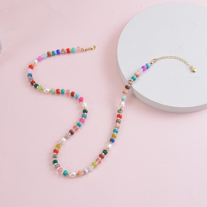 Bohemian Beach Necklace, Colored Natural Gemstone Abacus Beads, Necklace Bracelet Set, Women's Freshwater Pearl Lock, Bone Chain