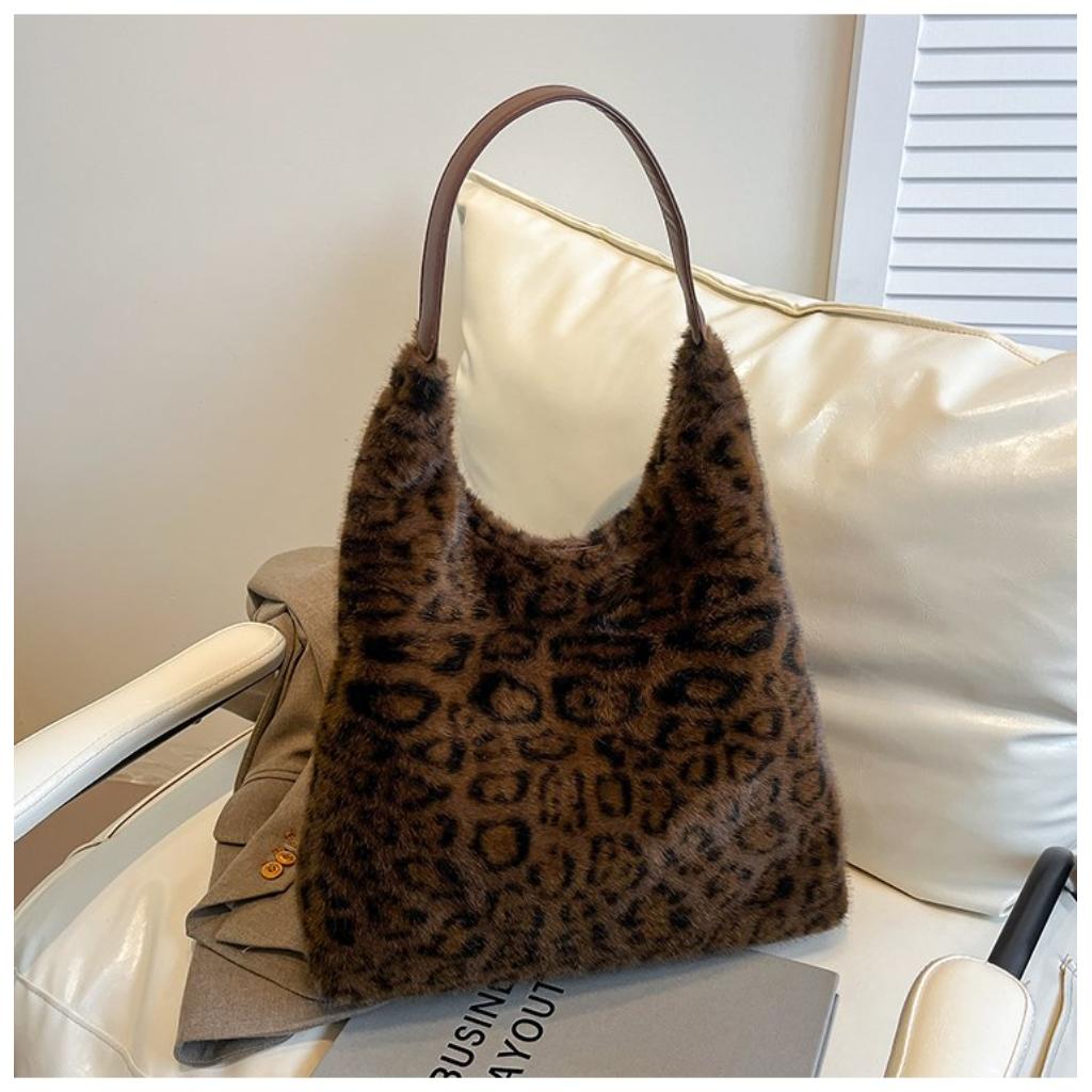 Hobo Bag for Women Plush Black Leopard Print Single Shoulder Carry Daily Use