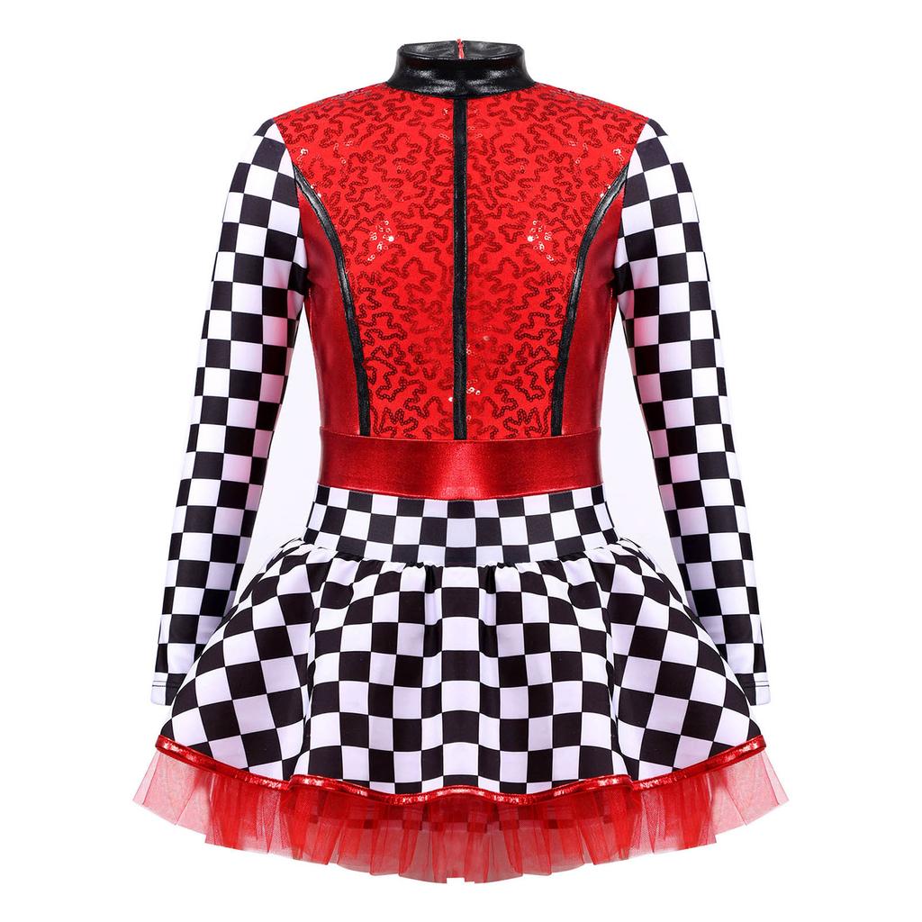 Комбинезон гонщицы для девочек, клетчатый принт, длинный рукав, воротник-стойка, пайеточная пэчворк, Хэллоуин косплей